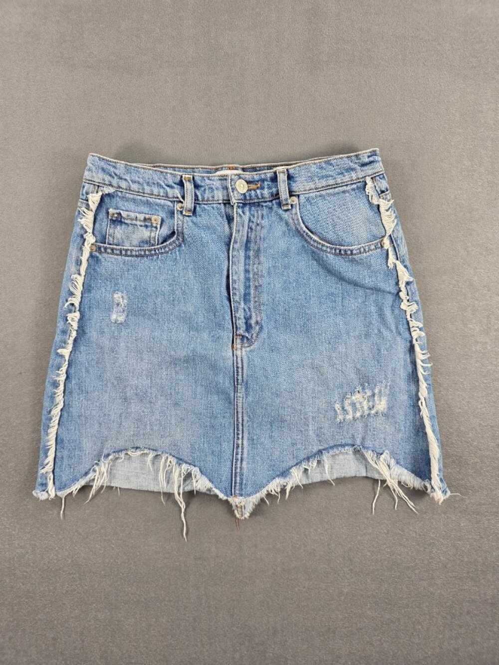 Zara Woman Premium Denim Skirt Blue Distressed Raw Hem Mini Size Med